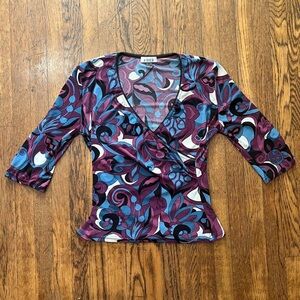 Y2K A. Byer Purple and Blue Paisley V-Neck Wrap Top